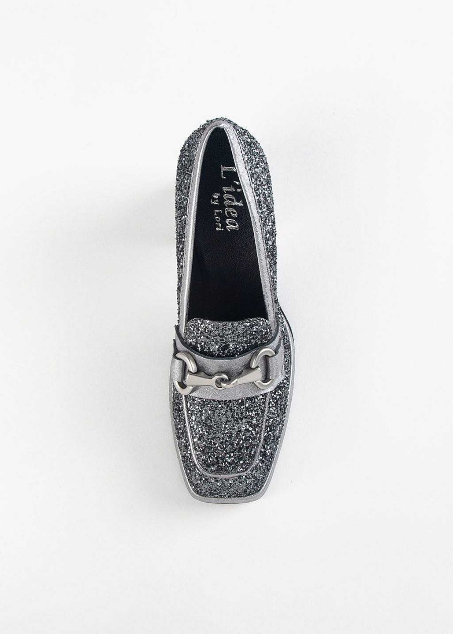 Shoes L'idea by Lori | Glitter Heeled Loafer Pewter Glitter