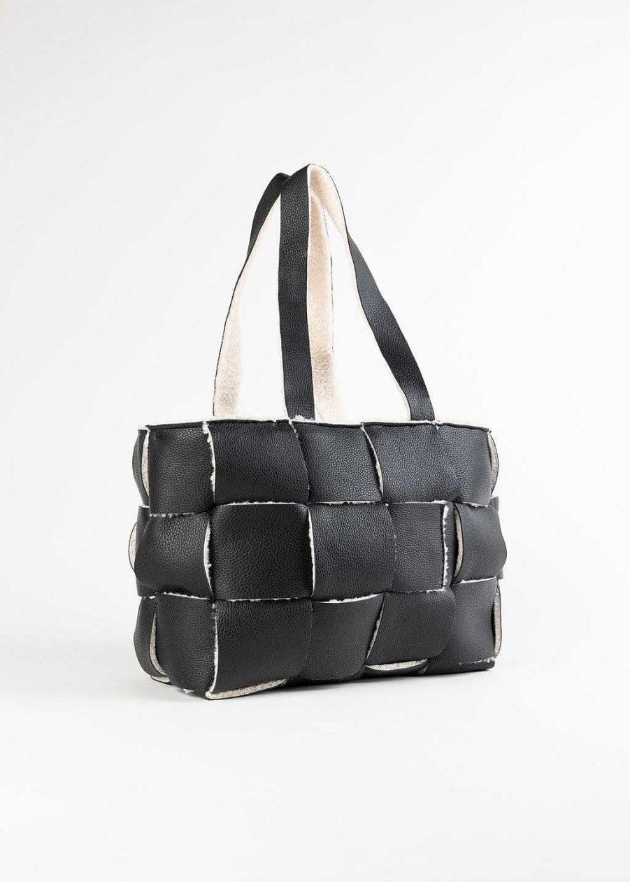 Handbags 42 Gold | Vegan Sherpa Woven Tote Black