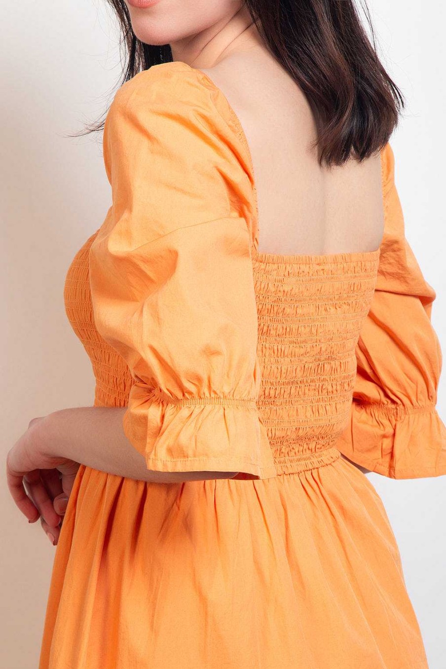 Apparel RD Style | Smocked Dress With Puff Sleeve Tangerine