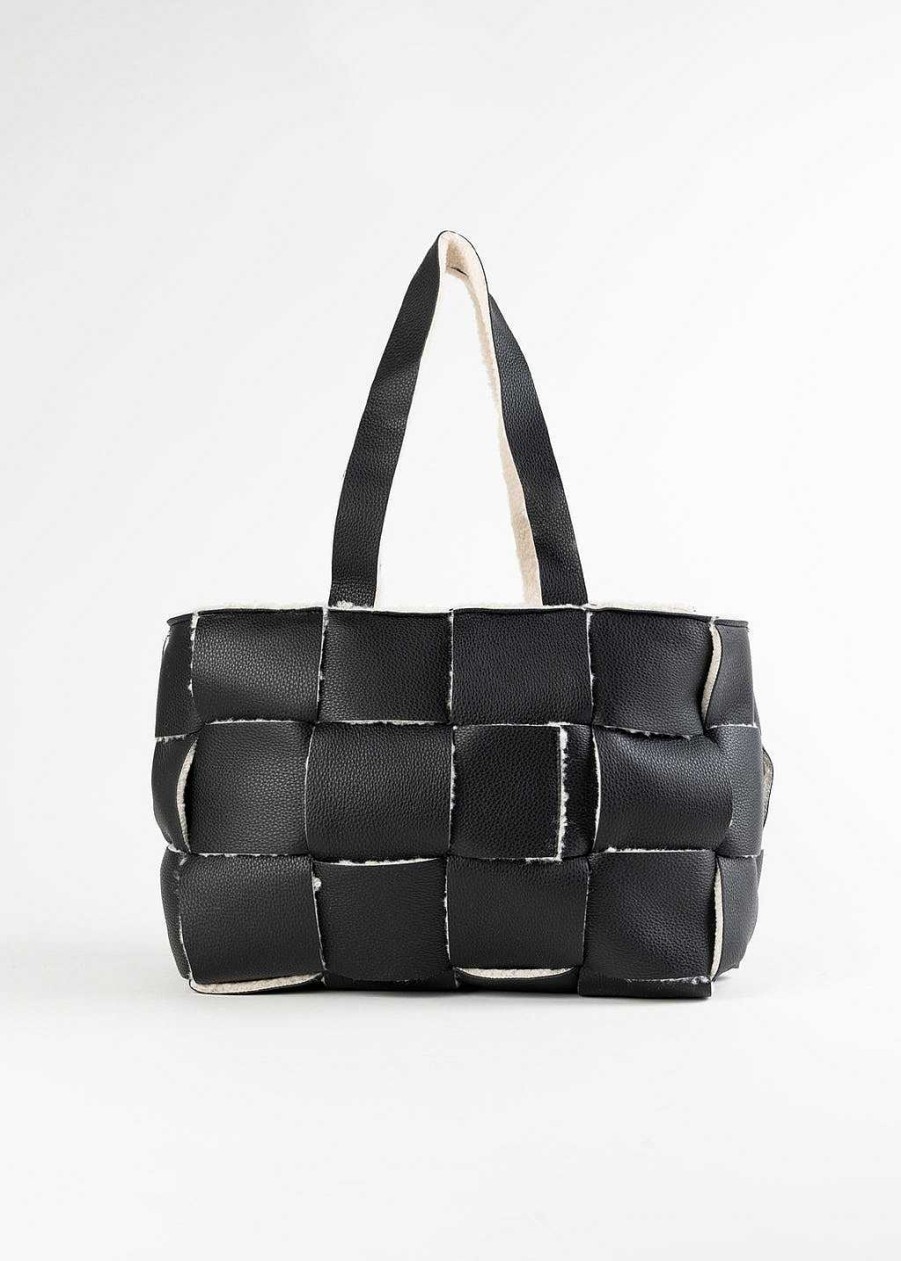 Handbags 42 Gold | Vegan Sherpa Woven Tote Black