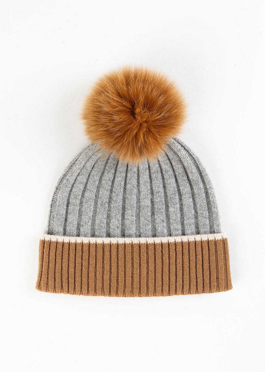 Accessories Mitchies | Knit Beanie With Fur Pom Camel